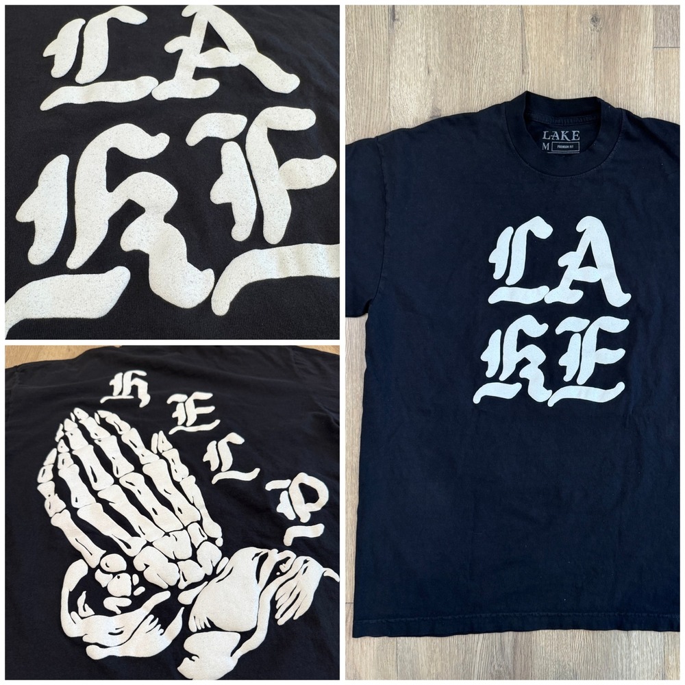 Lake Mens Graphic T-Shirt Black Medium Skeleton Praying Hands Streetwear Tee EUC